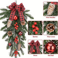 A hanging Christmas tree branch decoration with green pine needles, red berries, pine cones, red ornaments, and red plaid bows, shown on a white background with inset close-up labels for pine needles, berries, pine cones, bows, and a red ball