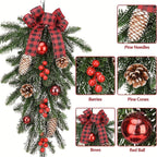 A hanging Christmas tree branch decoration with green pine needles, red berries, pine cones, red ornaments, and red plaid bows, shown on a white background with inset close-up labels for pine needles, berries, pine cones, bows, and a red ball