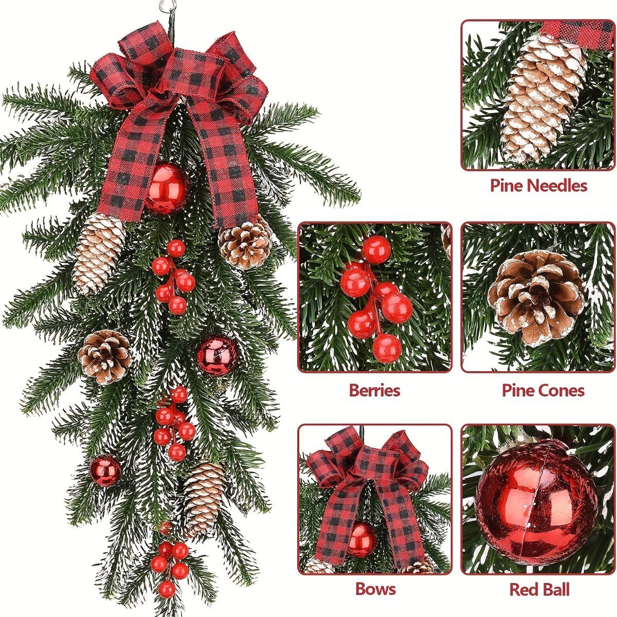 A hanging Christmas tree branch decoration with green pine needles, red berries, pine cones, red ornaments, and red plaid bows, shown on a white background with inset close-up labels for pine needles, berries, pine cones, bows, and a red ball