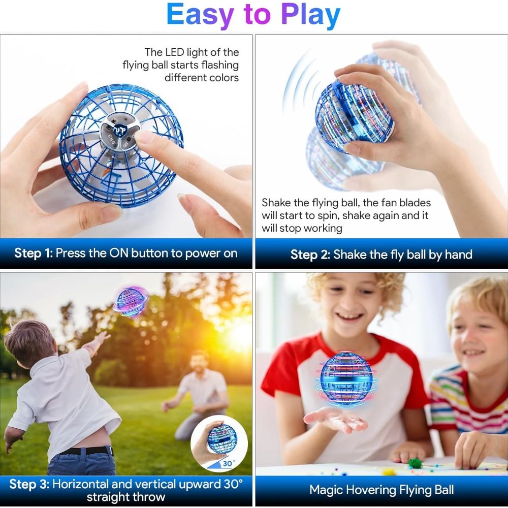 Instructions for playing with a magic hovering flying ball, including LED light and fan functions.