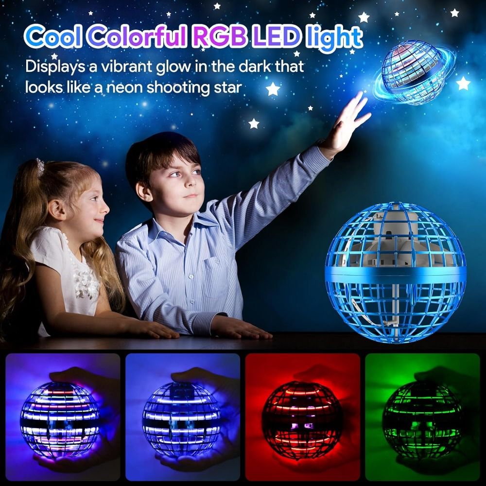 Children interacting with an RGB LED light ball against a dark sky background.