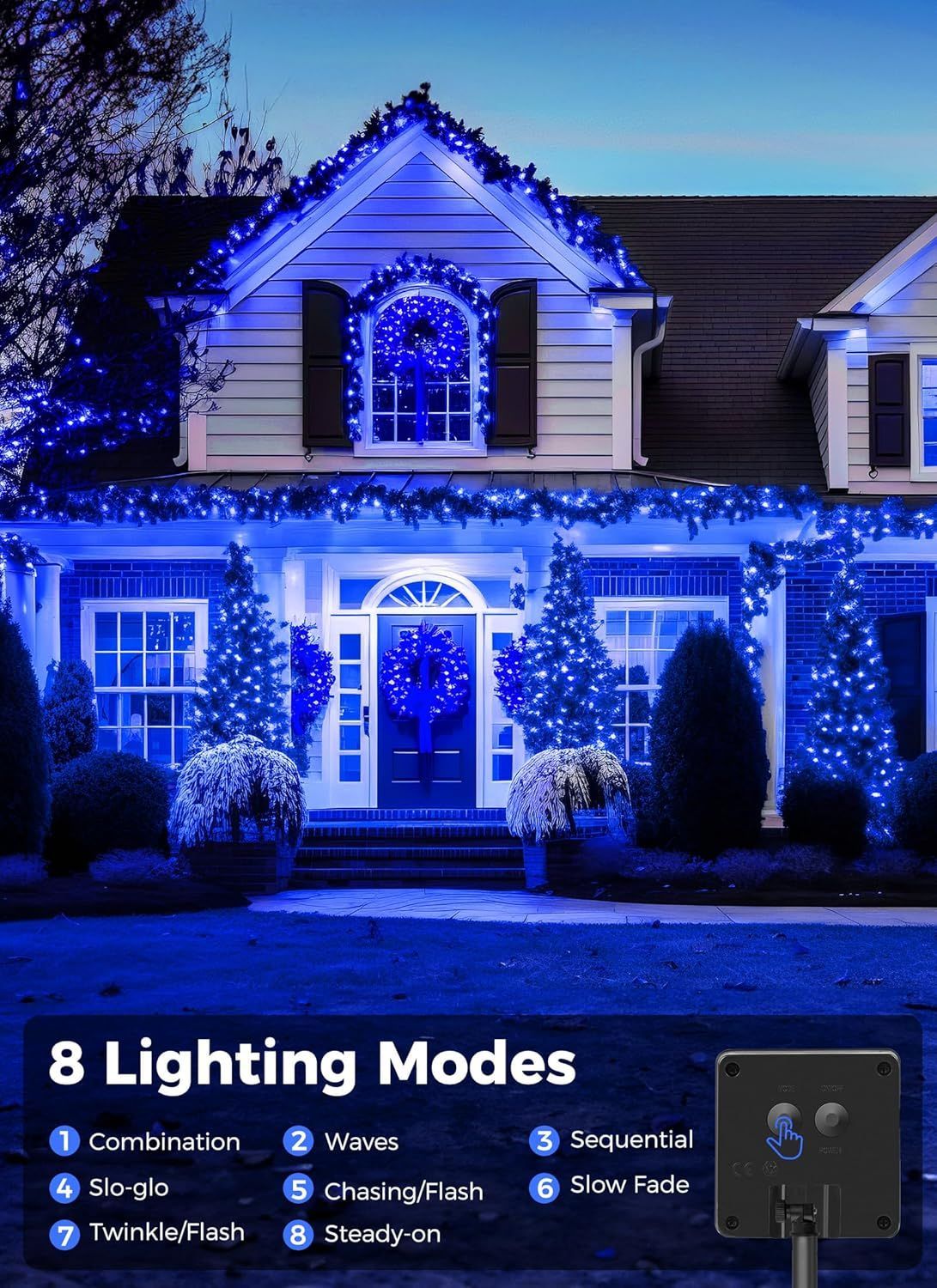Front exterior of a house decorated with bright blue holiday string lights at night, with a text panel at the bottom listing 8 lighting modes and a control box shown in the lower right.