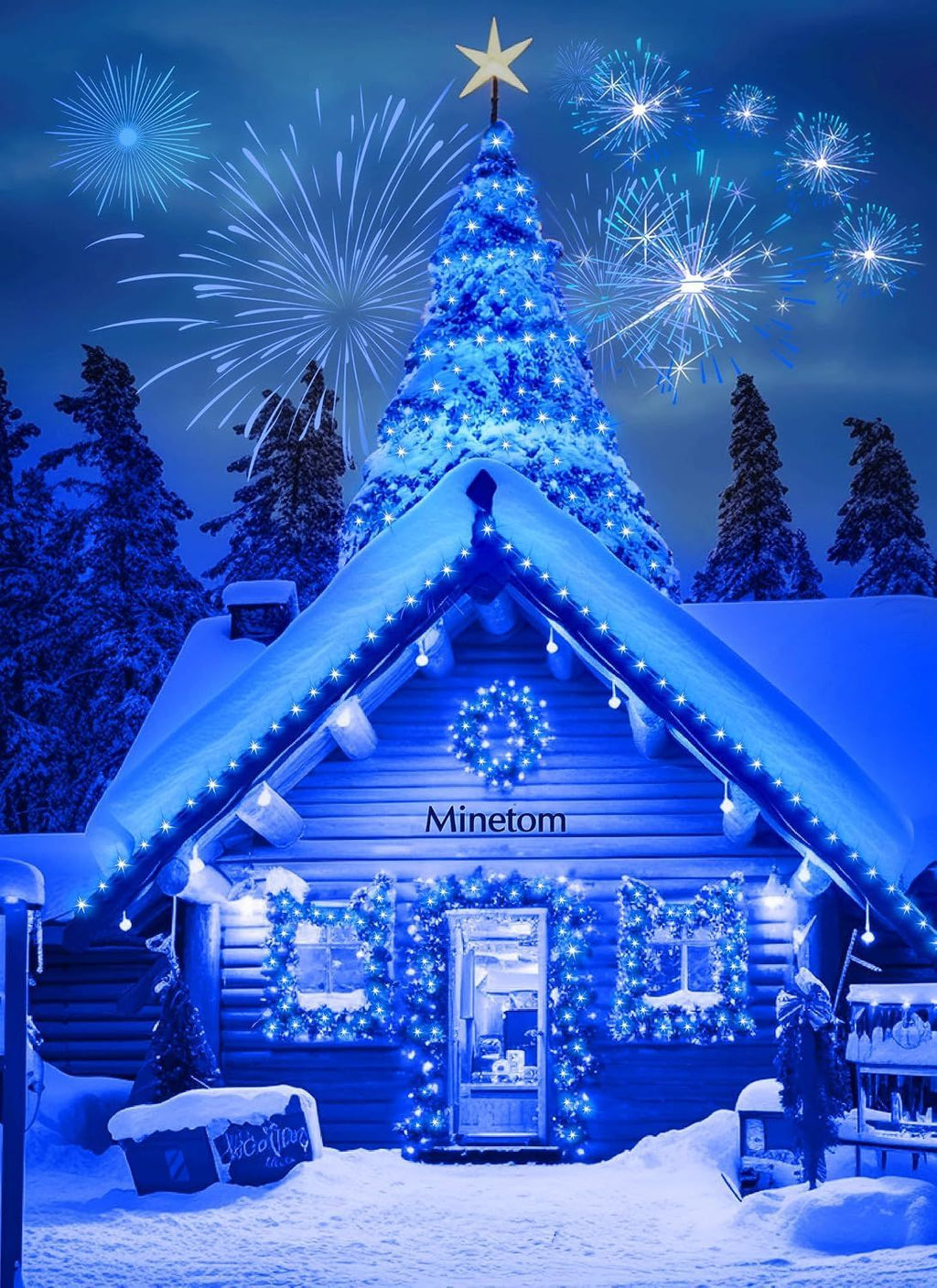 A snow-covered log cabin decorated with bright blue Christmas lights, a glowing Christmas tree on the roof, wreaths, and fireworks in the night sky. The word 'Minetom' is visible above the front door.