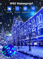 Decorative LED lights on a building facade with waterproof feature icons and close-up of lights.