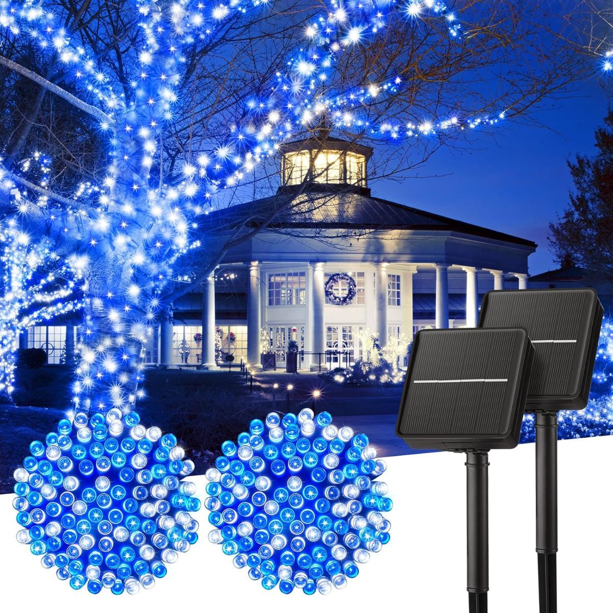 Blue string lights on trees with a gazebo in the background