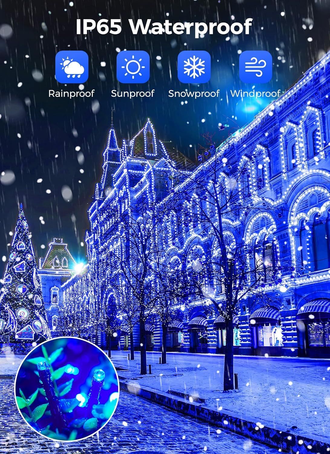 Decorative LED lights on a building facade with waterproof feature icons and close-up of lights.