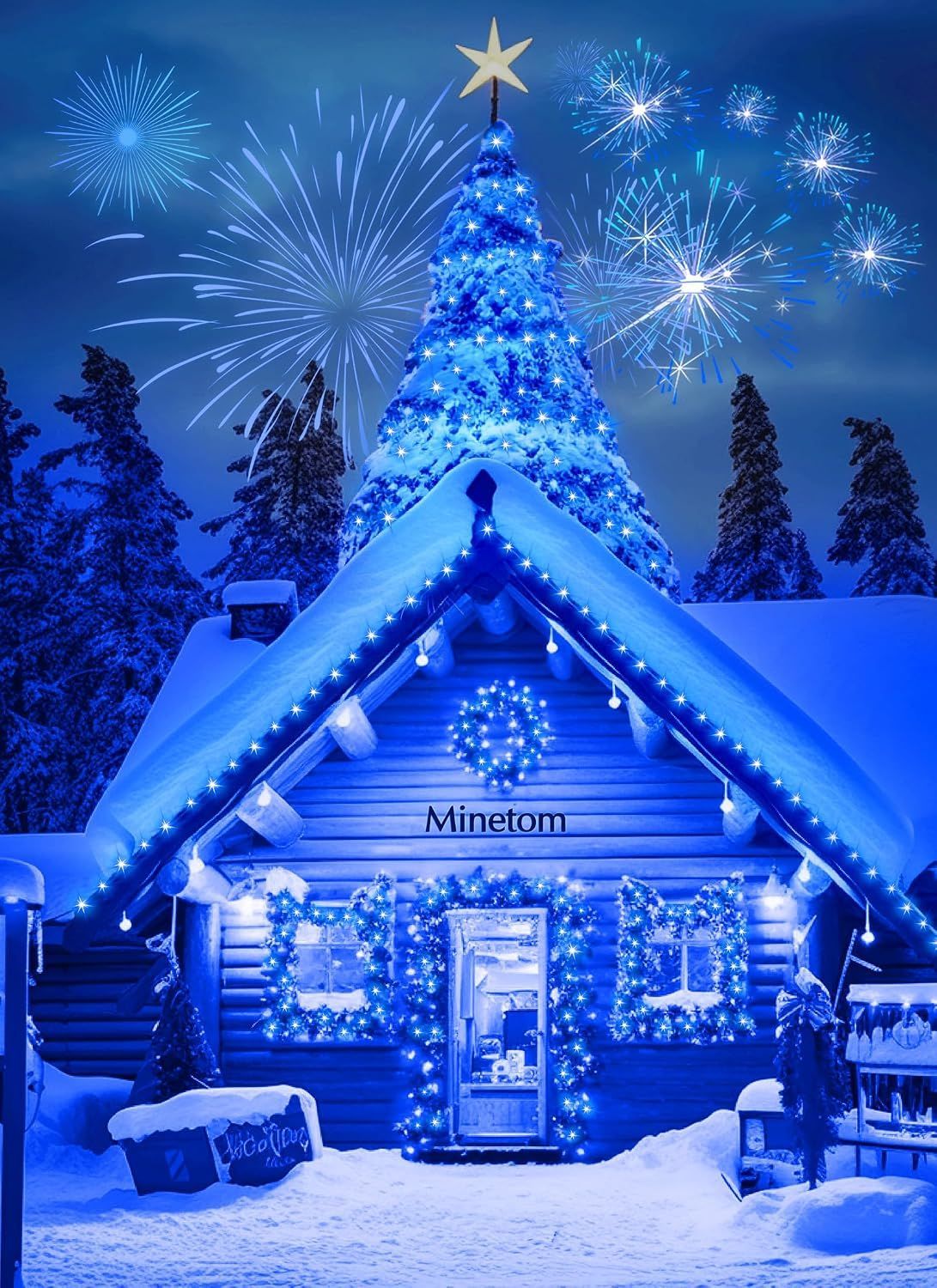 A snow-covered log cabin decorated with bright blue Christmas lights, a glowing Christmas tree on the roof, wreaths, and fireworks in the night sky. The word 'Minetom' is visible above the front door.