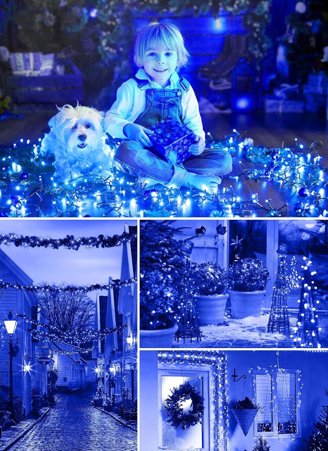 Collage of a child with a dog surrounded by blue string lights in various settings.