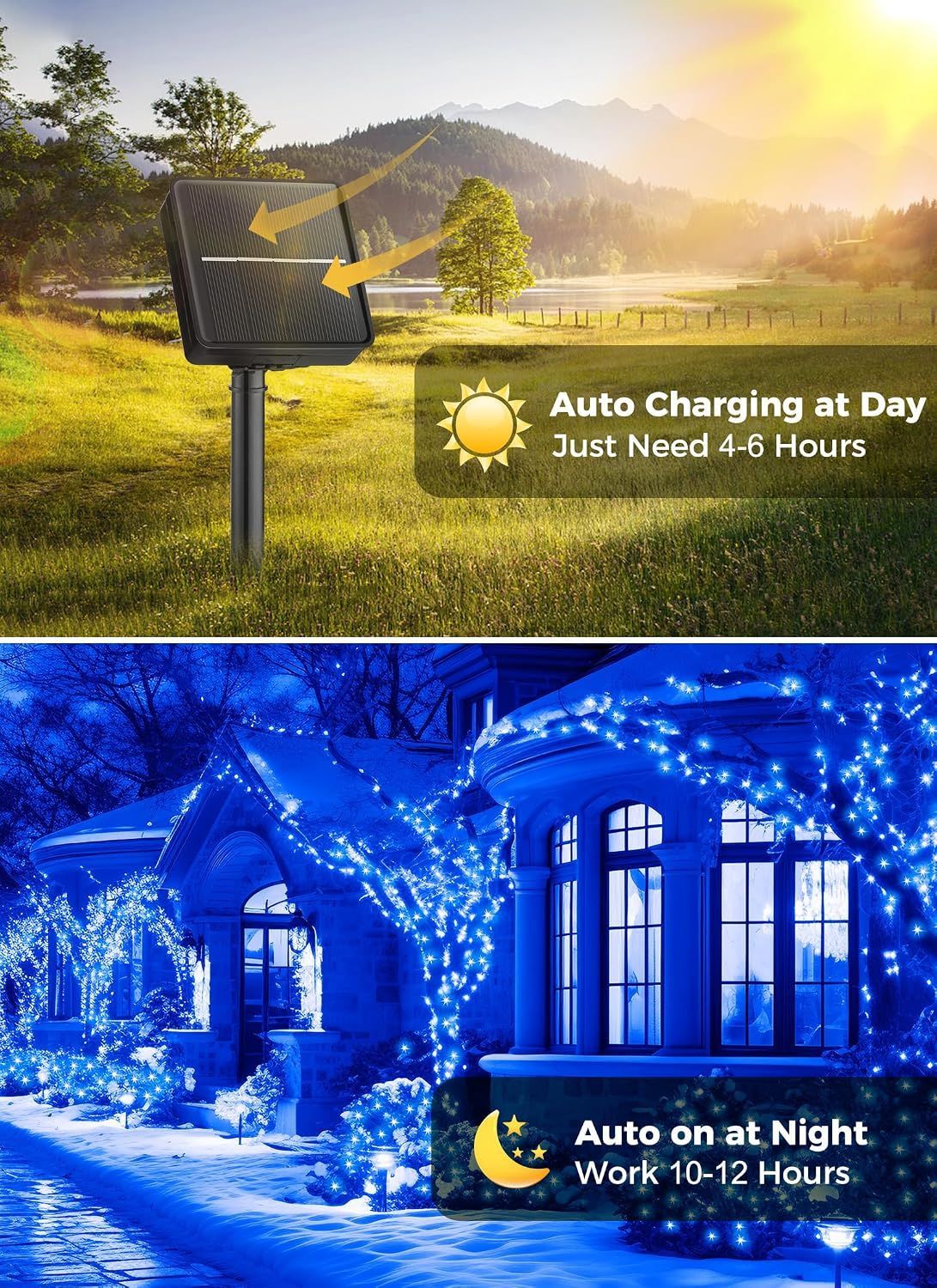 Two images showing outdoor charging and lighting systems with text indicating charging and lighting durations.