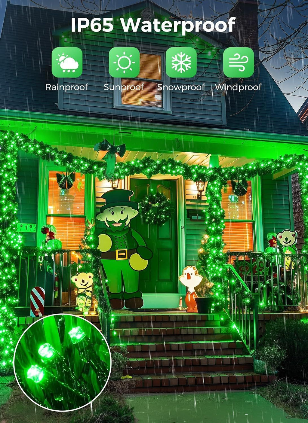 Decorative green lights on a house with a leprechaun figure, rainproof, sunproof, snowproof, and windproof features highlighted.