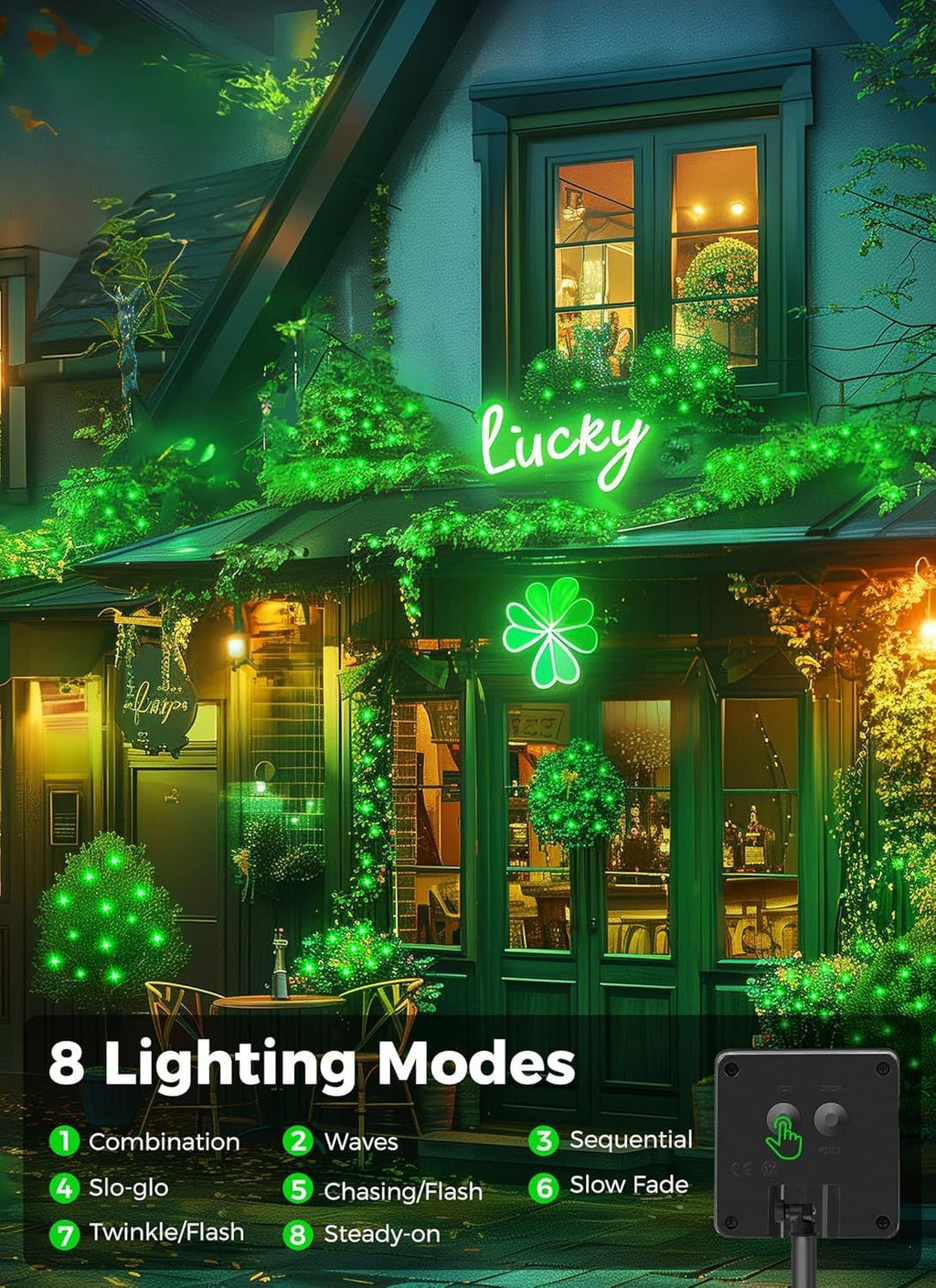 Neon sign with 'lucky' and clover design on a building exterior with greenery.