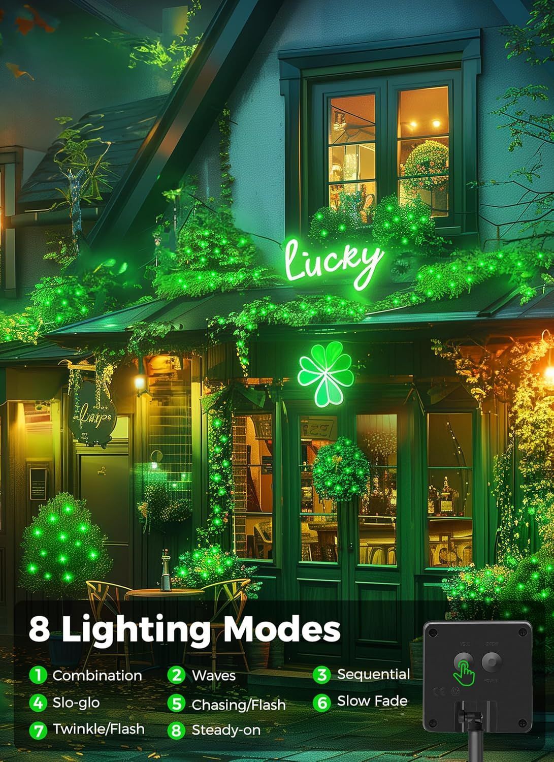 Neon sign with 'lucky' and clover design on a building exterior with greenery.