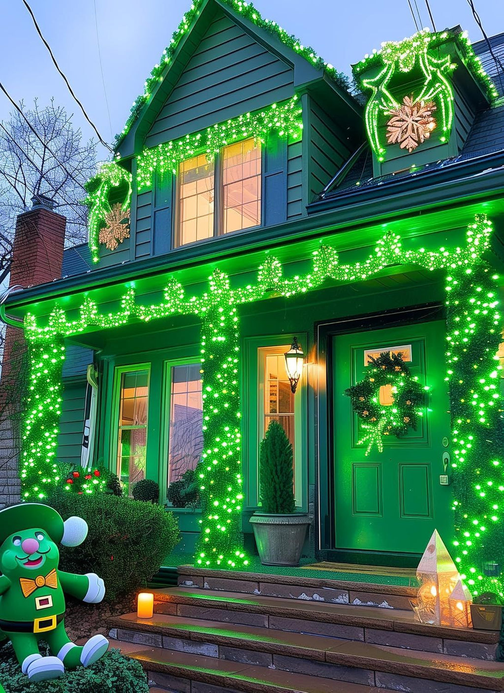A green house decorated for Christmas with bright green string lights outlining the exterior, a wreath on the front door, a large green elf decoration at the bottom left, and warm lights glowing from the windows.
