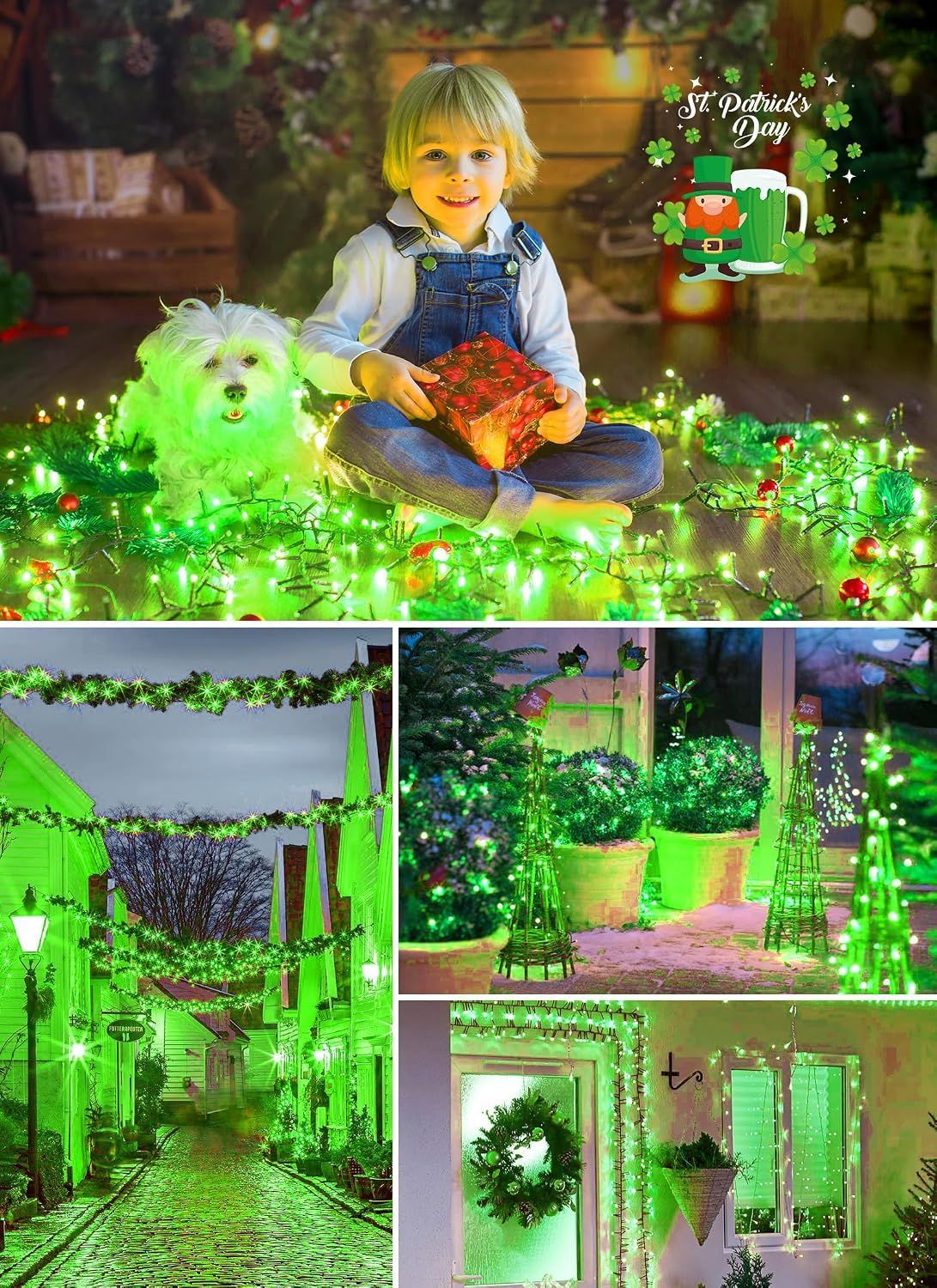Collage of a child with a dog, green lights, and festive decorations for St. Patrick's Day.