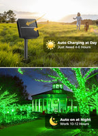 A split-screen demonstration of a solar-powered landscape light. The top half shows the solar panel charging during the day in a grassy field, with a person and dog in the background and text reading 'Auto Charging at Day Just Need 4-6 Hours'.