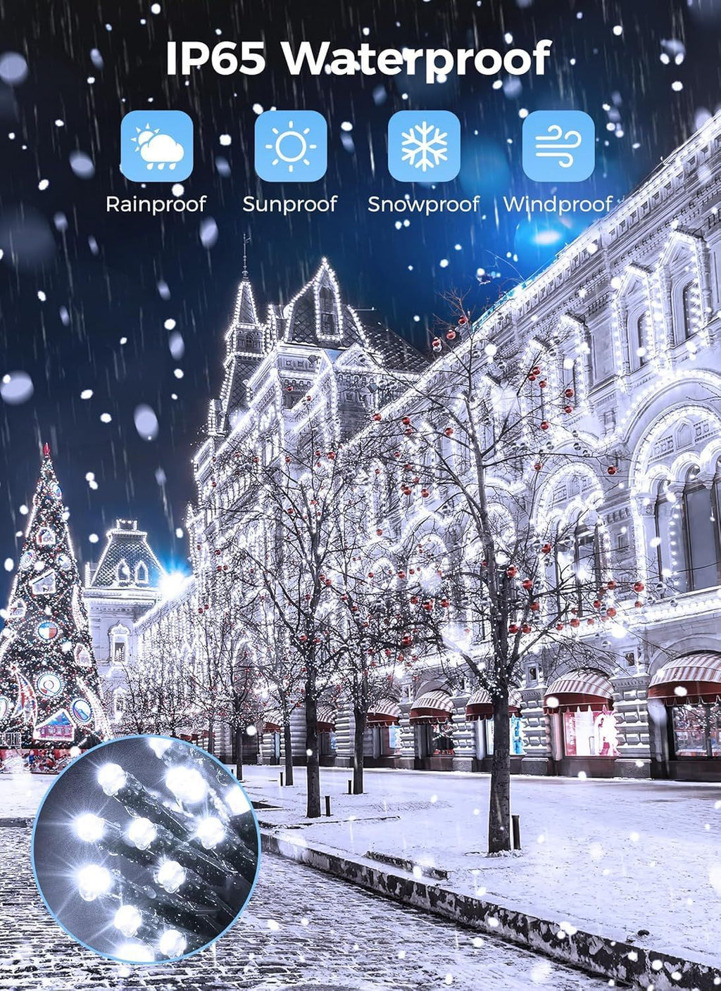 Decorative light bulb with waterproof features displayed against a snowy cityscape.