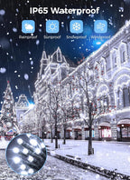 Decorative light bulb with waterproof features displayed against a snowy cityscape.