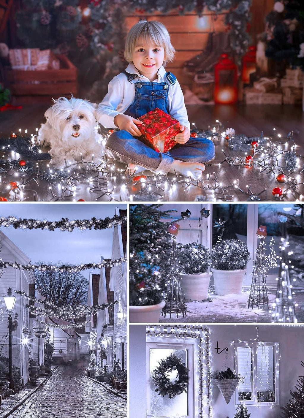 Collage of a child with a dog holding a gift, Christmas decorations, and snowy street scenes.