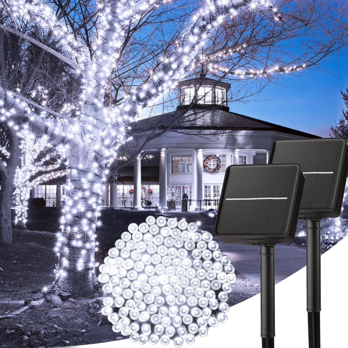 Solar string lights on trees with a gazebo in the background
