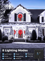 House decorated with Christmas lights and wreaths, featuring 8 lighting mode options on a control panel.