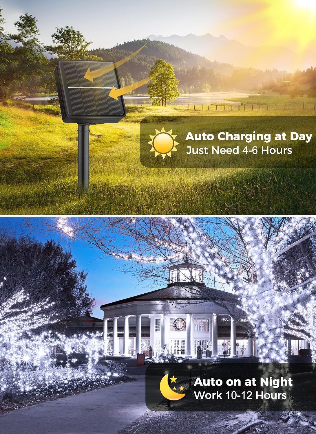 Two images showing outdoor lighting solutions: one with a signpost and the other with a building illuminated at night.