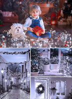 Collage of a child with a dog holding a gift, Christmas decorations, and snowy street scenes.