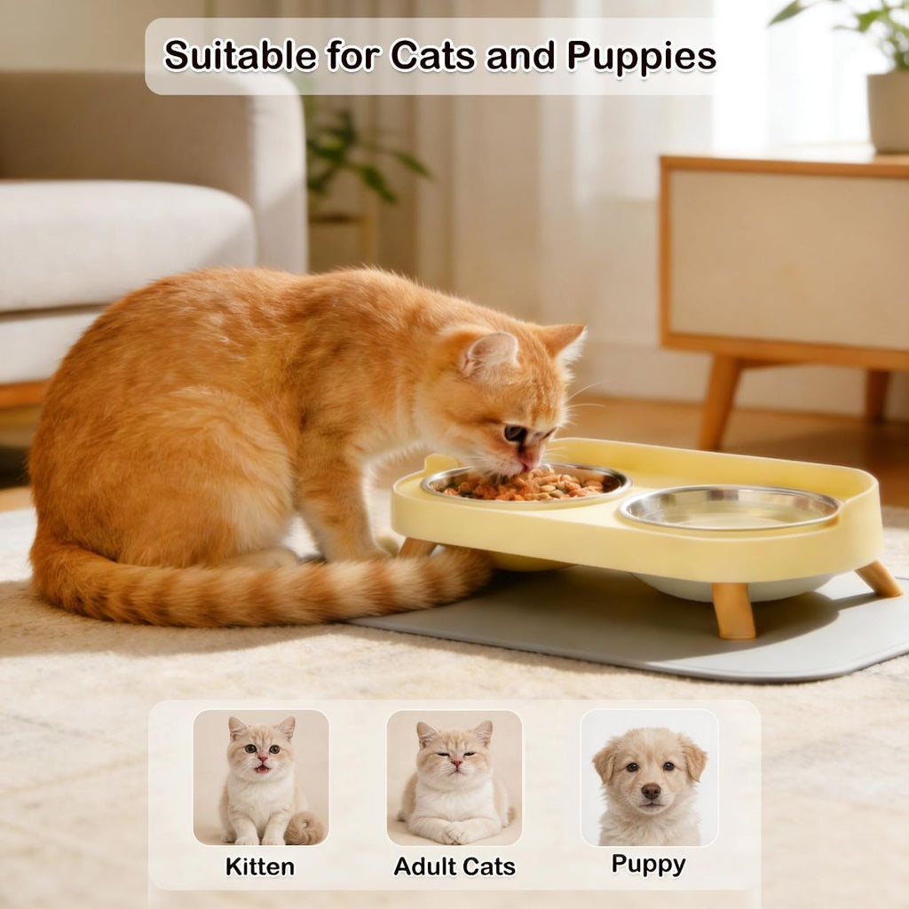 Cat eating from a elevated pet feeder with kitten, adult cat, and puppy icons below.