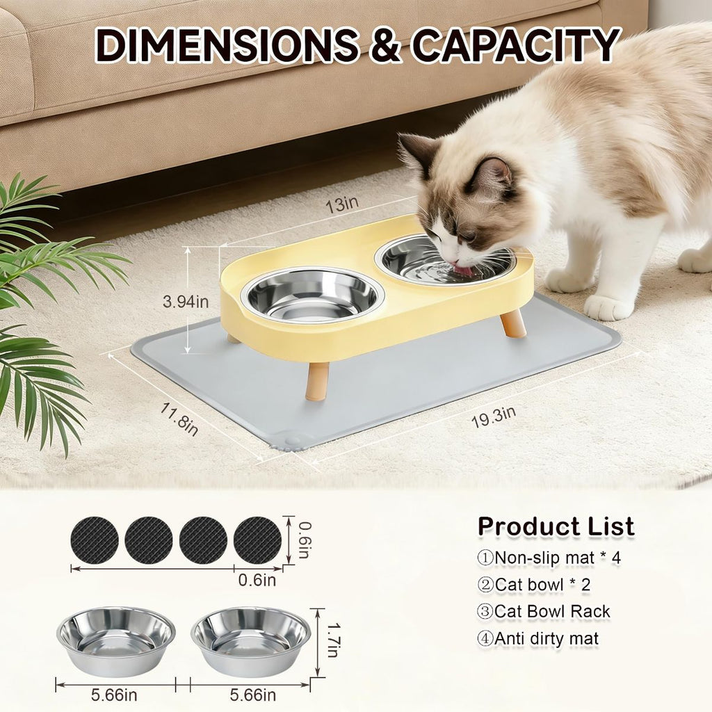 Cat using a double stainless steel bowl with dimensions displayed, on a beige carpet.