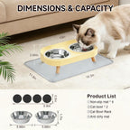 Cat using a double stainless steel bowl with dimensions displayed, on a beige carpet.