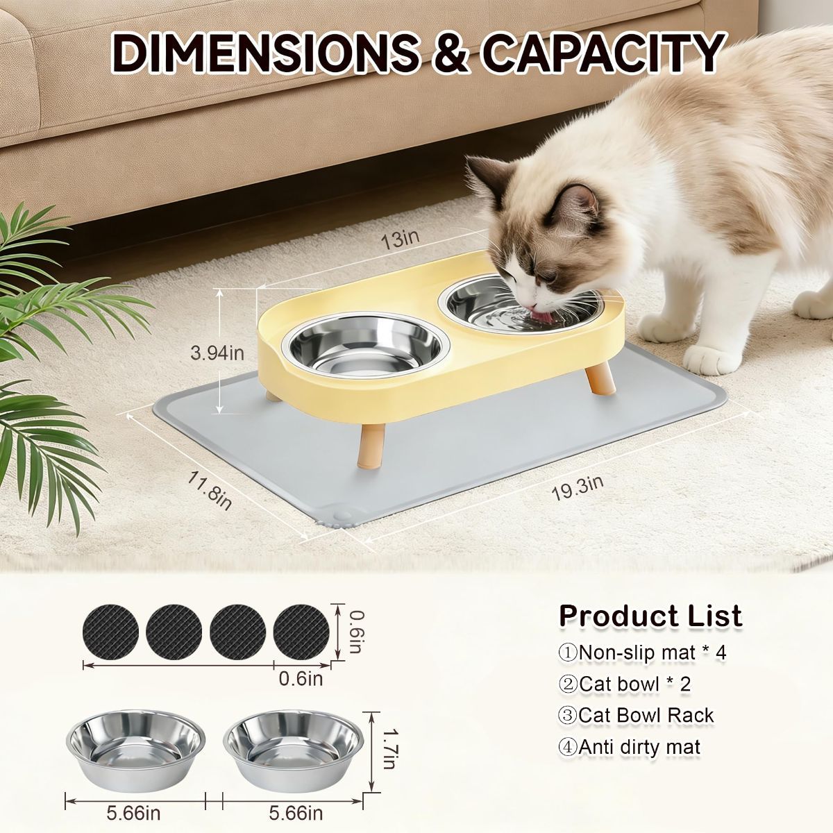 Cat using a double stainless steel bowl with dimensions displayed, on a beige carpet.