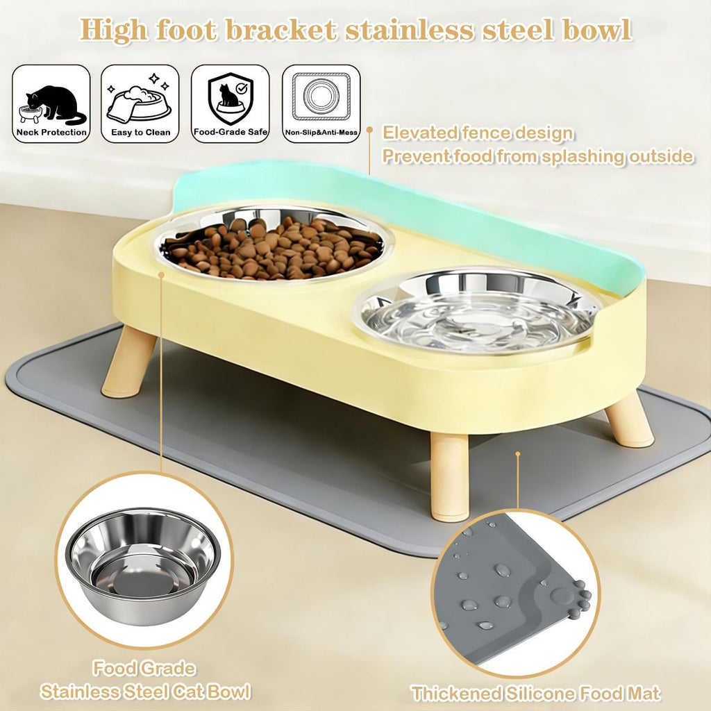 Pet feeding station with elevated bowls on a gray mat, featuring text about features.