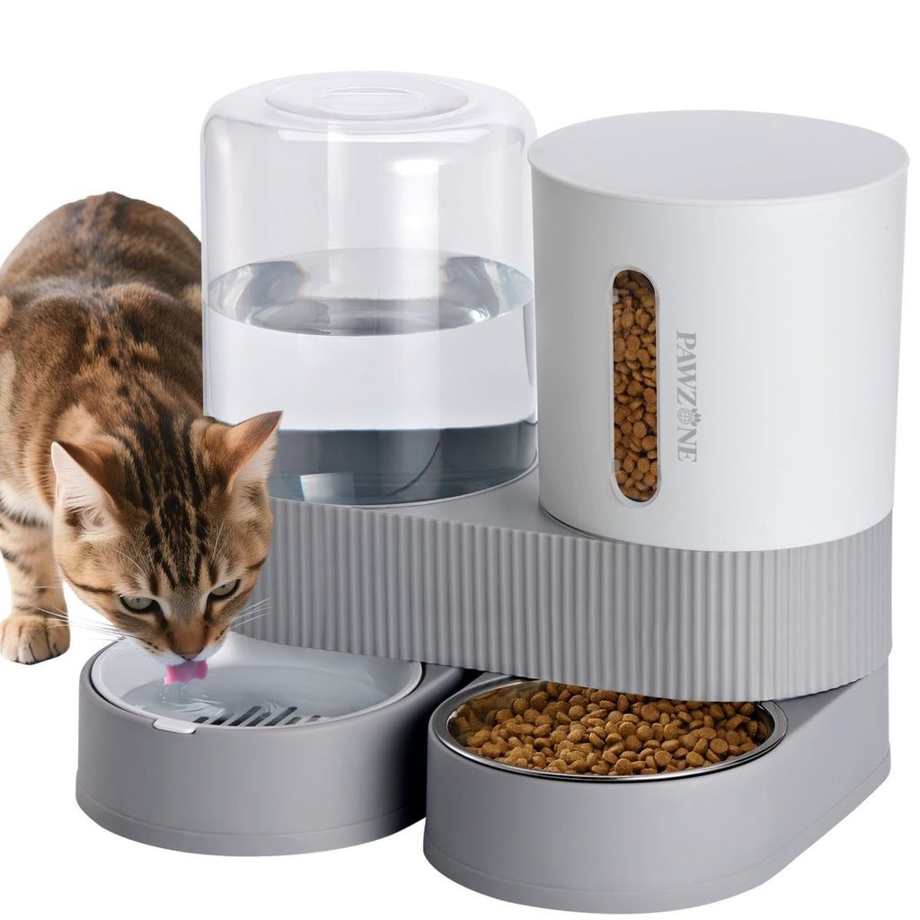 Pet feeding station with water and food bowls, featuring a cat drinking from the water bowl.