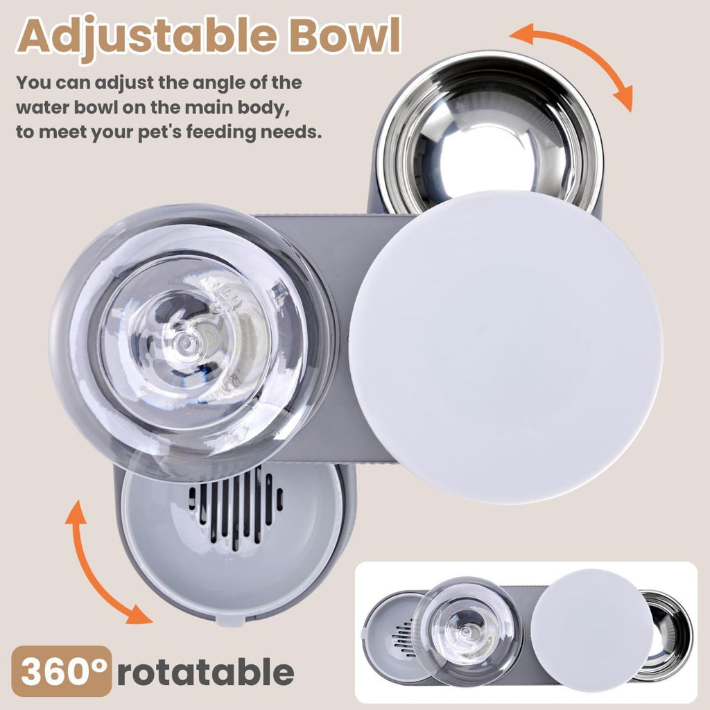 Pet feeding station with adjustable bowl and 360-degree rotation feature on a beige background.