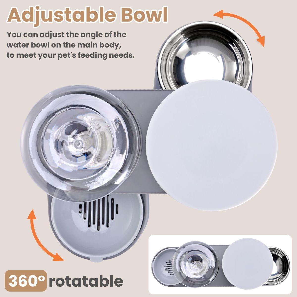 Pet feeding station with adjustable bowl and 360-degree rotation feature on a beige background.