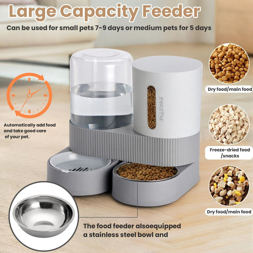 Pet feeder with water dispenser on a wooden surface, featuring text and images of pet food types.