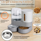 Pet feeder with water dispenser on a wooden surface, featuring text and images of pet food types.