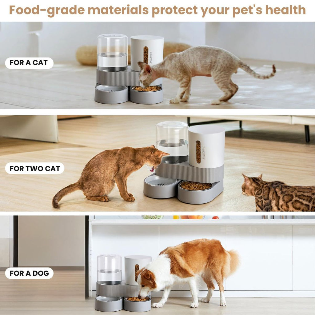 A three-panel collage showing pet feeder and waterer products in use with different pets. The top panel shows a cat using a dual automatic feeder and waterer labeled 'FOR A CAT'.