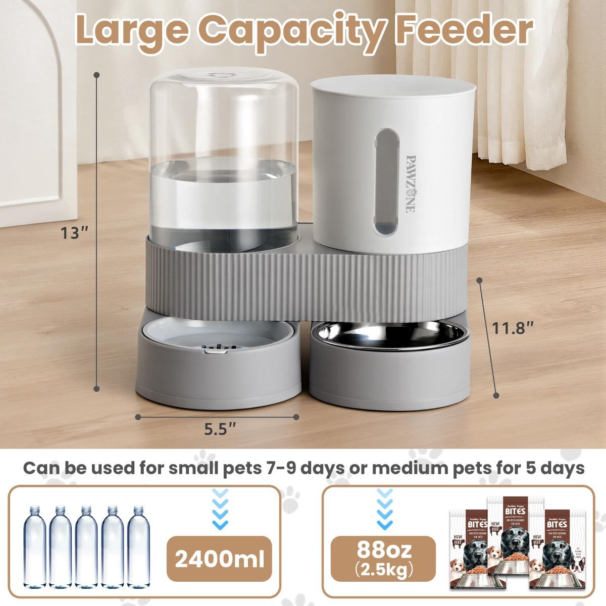 Large capacity feeder with dimensions and usage information on a wooden floor.
