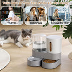 A gray and white cat lies on a wooden floor next to a white and gray automatic pet water and food dispenser. The scene includes three inset photos at the top showing women traveling, shopping, and on a business trip, with the text 'Take Care Of Your Pets While You Are Away.