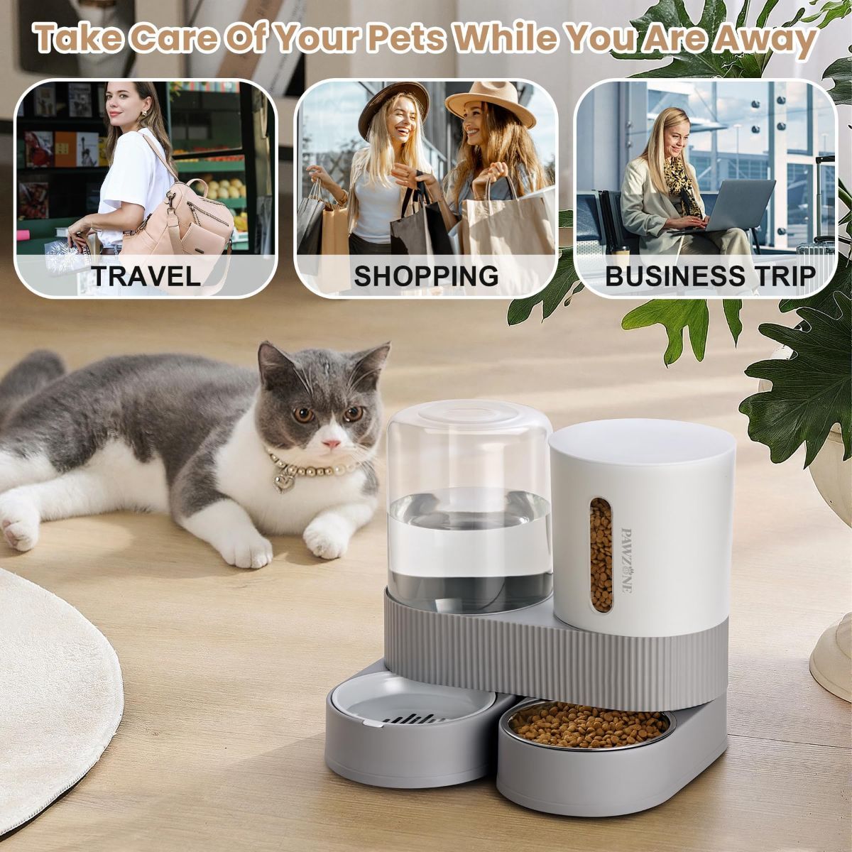 A gray and white cat lies on a wooden floor next to a white and gray automatic pet water and food dispenser. The scene includes three inset photos at the top showing women traveling, shopping, and on a business trip, with the text 'Take Care Of Your Pets While You Are Away.