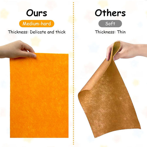 Comparison of orange and brown sheets with text indicating 'Ours' as medium-hard and 'Others' as soft.