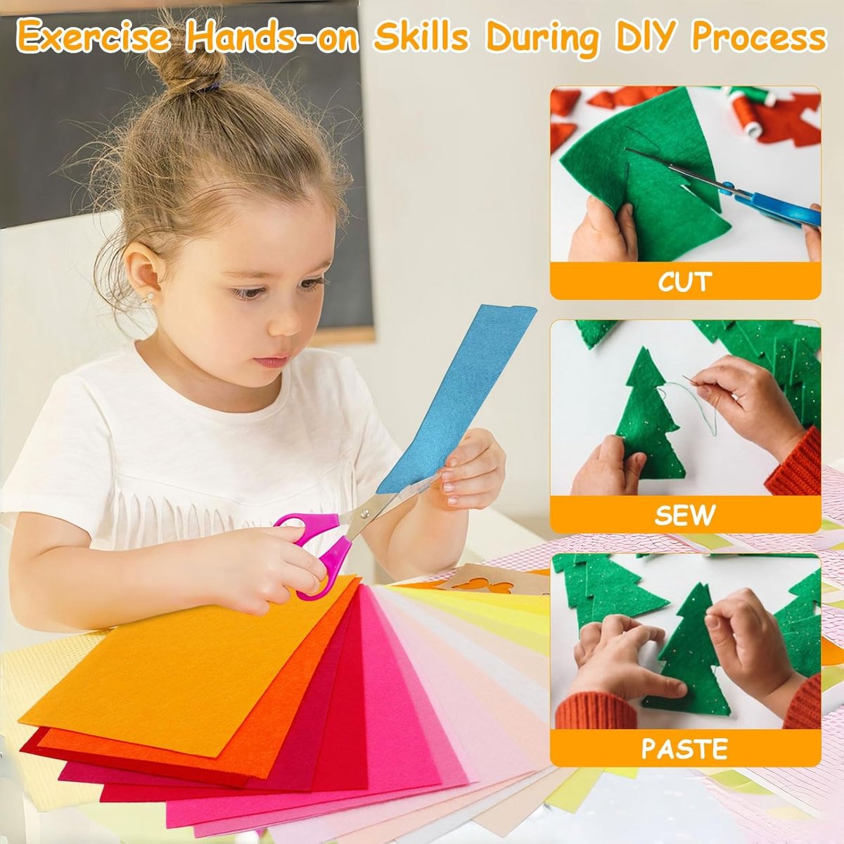 Child cutting colorful paper with scissors, surrounded by craft materials and steps for a DIY project.