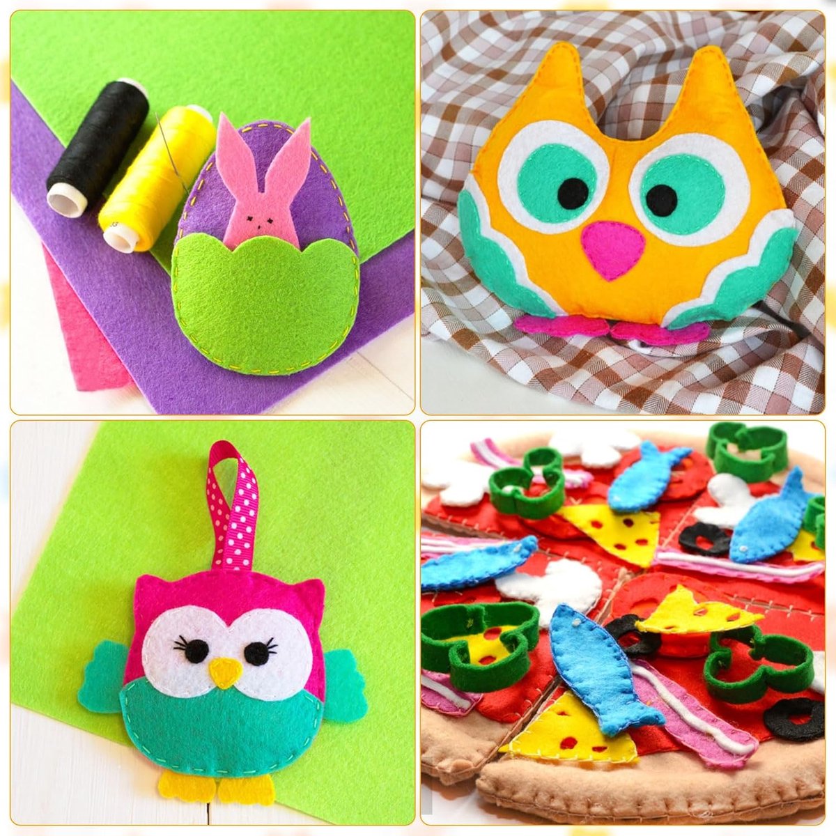 Collage of felt crafts including an owl, a bunny, and various food items on a checkered fabric background.