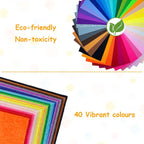 Color swatch with 40 vibrant colors, eco-friendly and non-toxic labels, and a leaf icon.