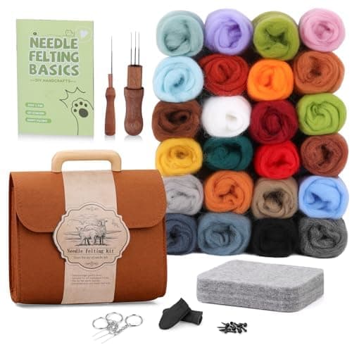 Needle felting kit with colorful wool roving, tools, and a carrying case on a white background.