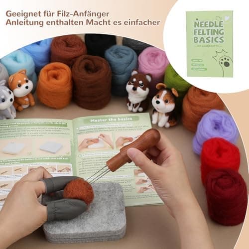 Needle felting kit with yarn rolls, felted animals, and a manual on a wooden surface.