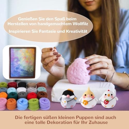 Person crafting hand-made woolen toys with colorful yarn and decorative elements.