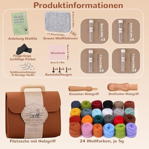 Needle felting kit with various components and colors on a beige background