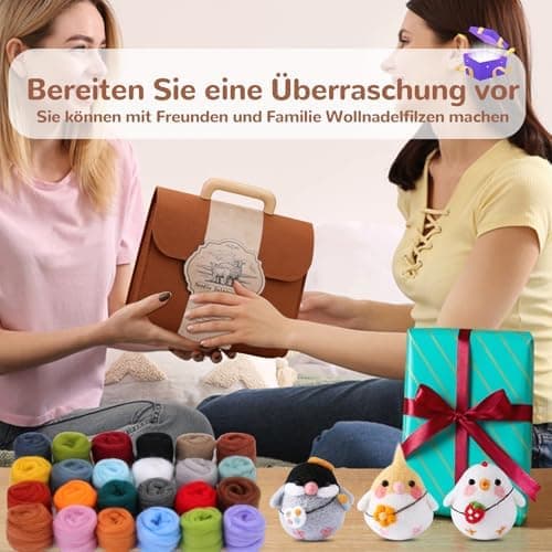 Two women holding a brown bag with a decorative item, surrounded by colorful yarn and small stuffed toys on a table.