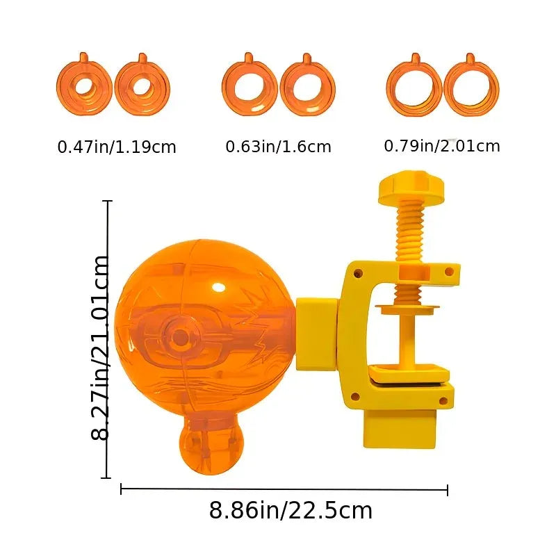 An orange translucent spherical light fixture with a yellow mounting bracket and threaded screw, shown with dimension lines and three orange ring-shaped accessory pieces above on a white background.